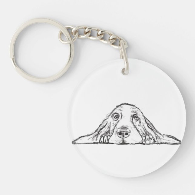 basset hound black white simple puppy dog eyes  key ring (Front)