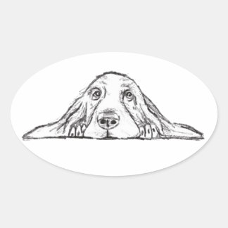 basset hound black white simple puppy dog eyes  oval sticker