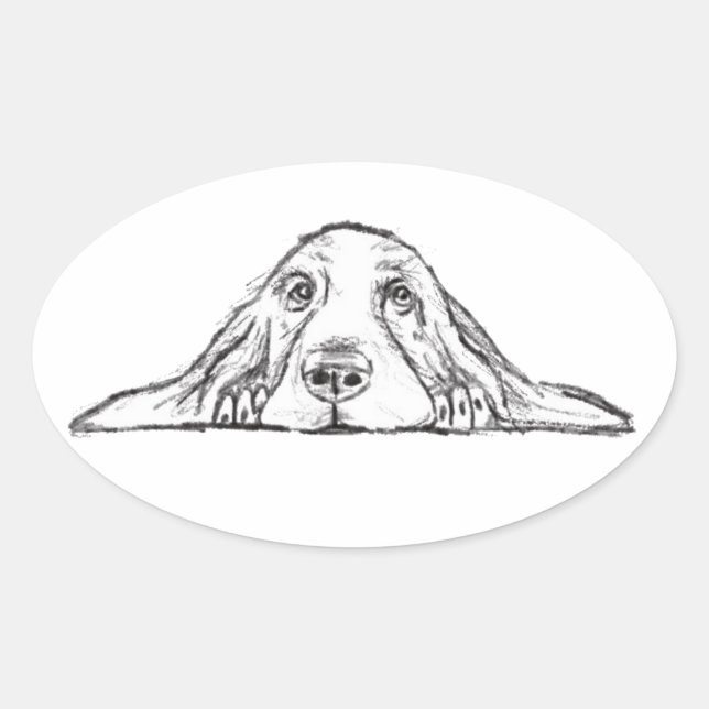 basset hound black white simple puppy dog eyes  oval sticker (Front)