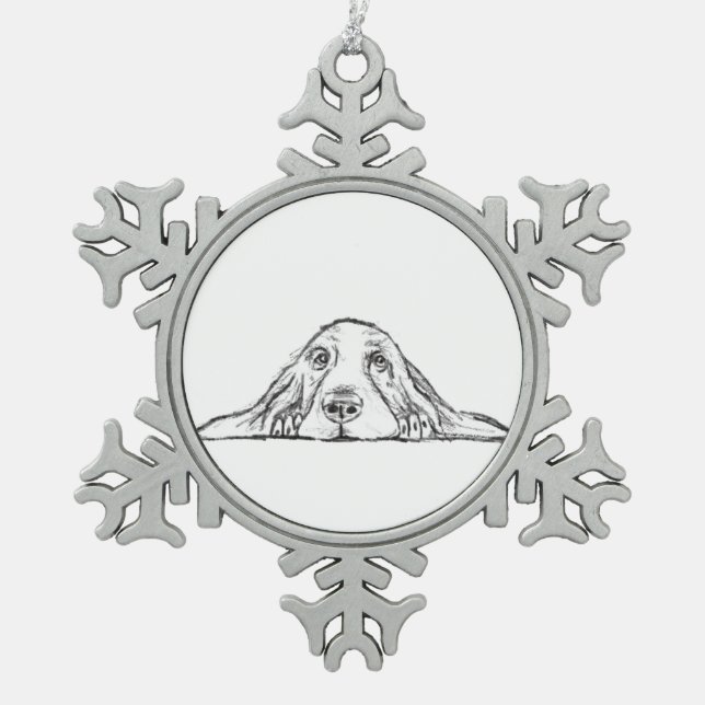 basset hound black white simple puppy dog eyes   snowflake pewter christmas ornament (Front)