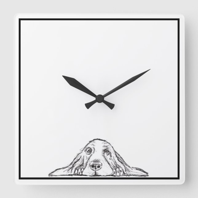 basset hound black white simple puppy dog eyes  square wall clock (Front)
