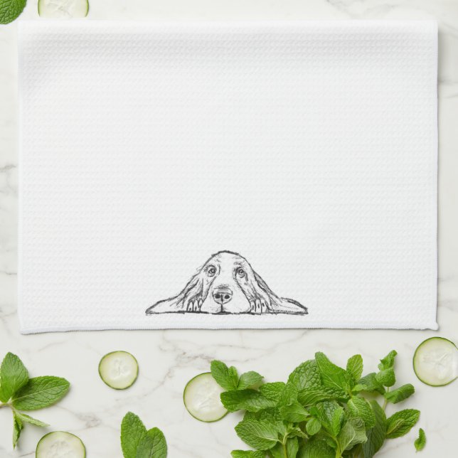 basset hound black white simple puppy dog eyes  tea towel (Folded)