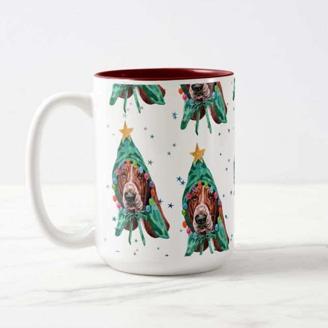 Basset Hound Breed Dog Pattern Stars Christmas Two-Tone Coffee Mug (Left)