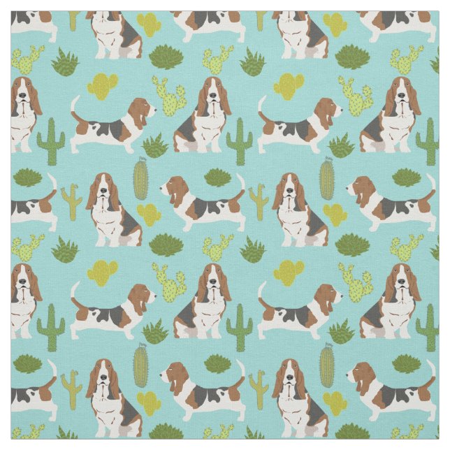 Basset hound cactus fabric - dog fabric for quilt (Swatch)