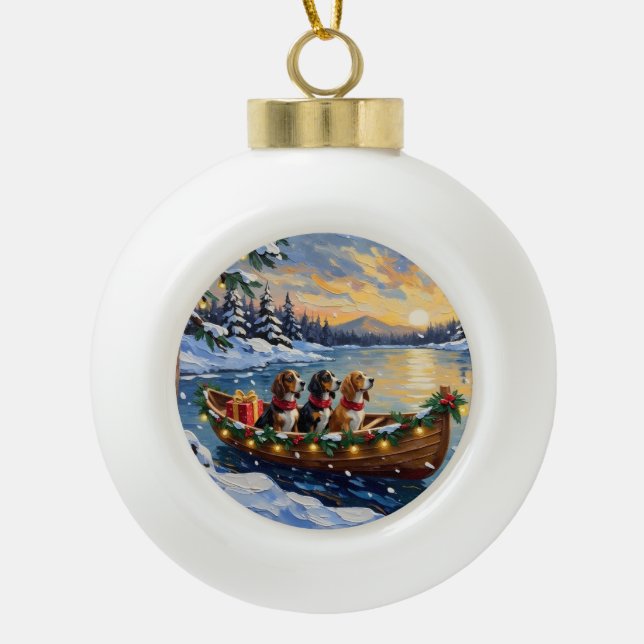 Basset Hound Christmas Boat Holiday Ceramic Ball Christmas Ornament (Front)