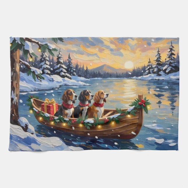 Basset Hound Christmas Boat Holiday Tea Towel (Horizontal)