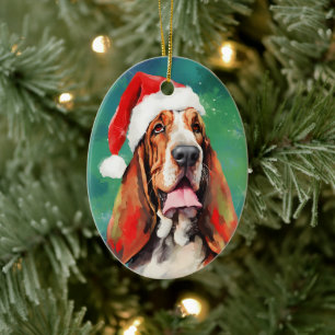 Basset Hound Christmas brush painting artwork Ceramic Ornament