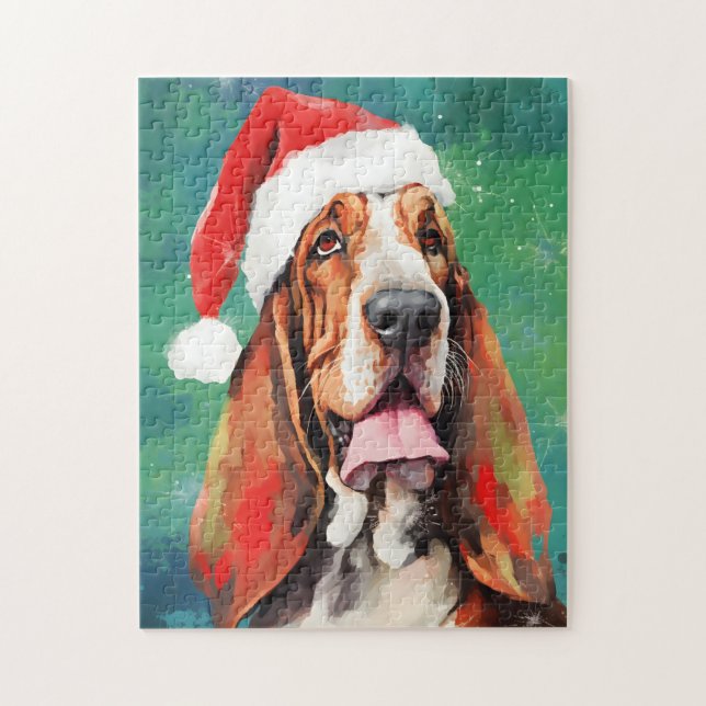 Basset Hound Christmas brush painting artwork Jigsaw Puzzle (Vertical)