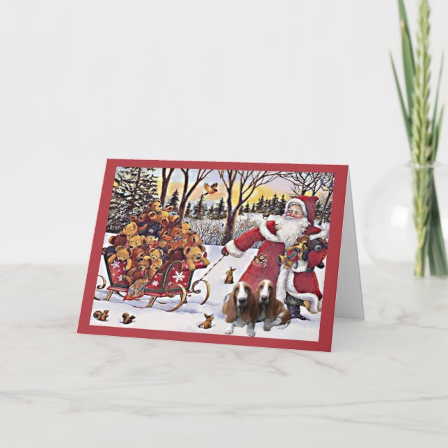 Basset Hound Christmas Card Santa Bears In Sleigh (Front)