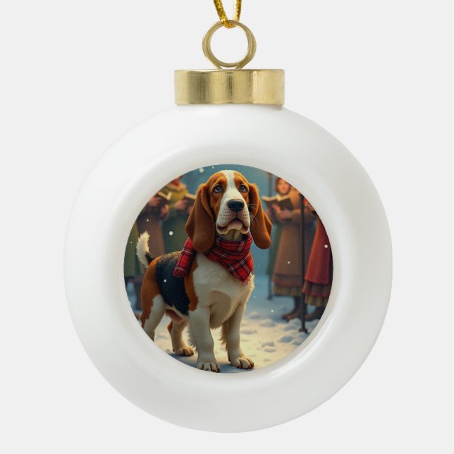 Basset Hound Christmas Carol Singers Painting Ceramic Ball Christmas Ornament (Front)