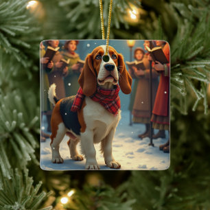 Basset Hound Christmas Carol Singers Painting Ceramic Ornament