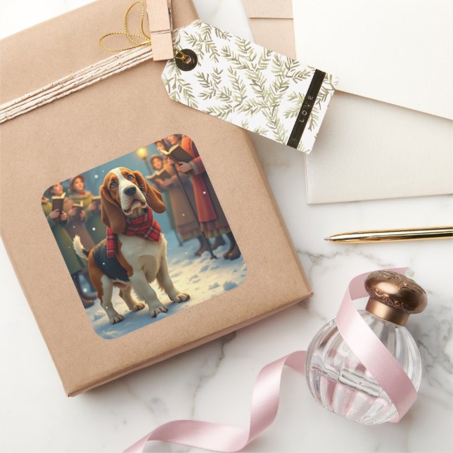 Basset Hound Christmas Carol Singers Painting Square Sticker (Gifting)