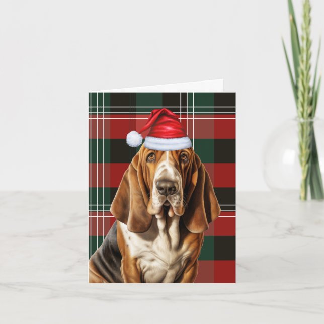 Basset Hound Christmas Dog Holiday Plaid Christmas Card (Front)