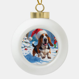 Basset Hound Christmas Festive Snow Scene Ceramic Ball Christmas Ornament