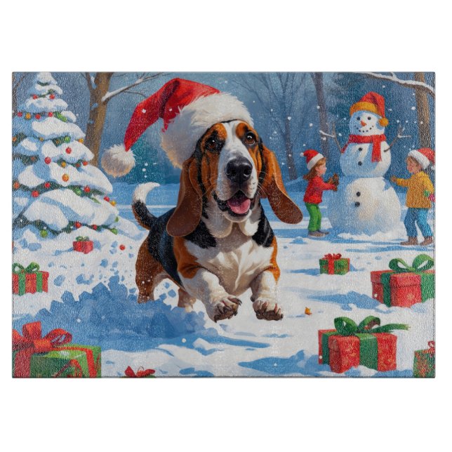 Basset Hound Christmas Festive Snow Scene Cutting Board (Front)