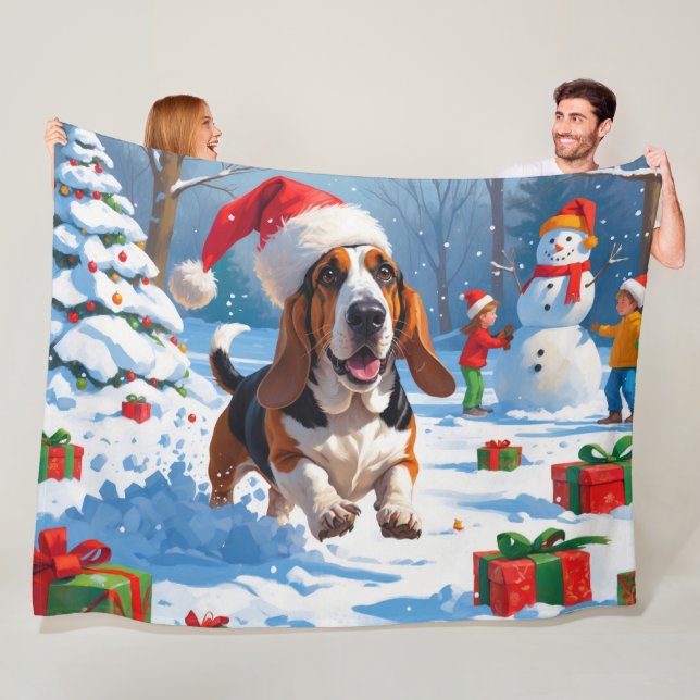 Basset Hound Christmas Festive Snow Scene Fleece Blanket (In Situ)