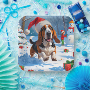 Basset Hound Christmas Festive Snow Scene Paper Plate