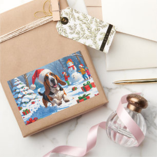 Basset Hound Christmas Festive Snow Scene Rectangular Sticker