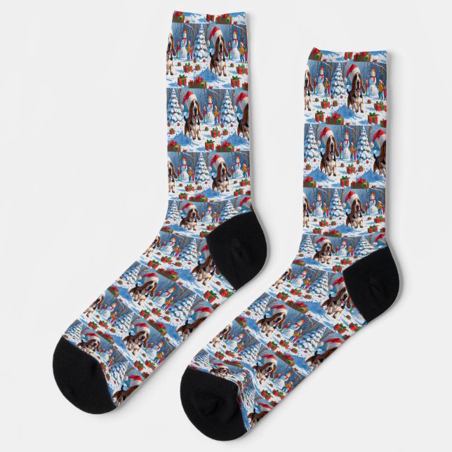 Basset Hound Christmas Festive Snow Scene Socks (Left)
