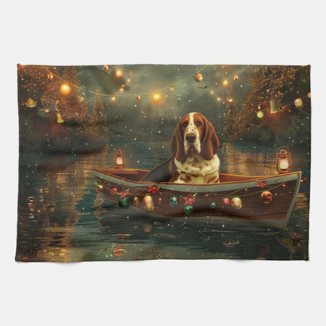 Basset Hound Christmas Festive Voyage Tea Towel (Horizontal)