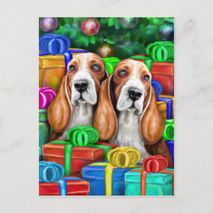 Basset Hound Christmas Open Gifts Holiday Postcard