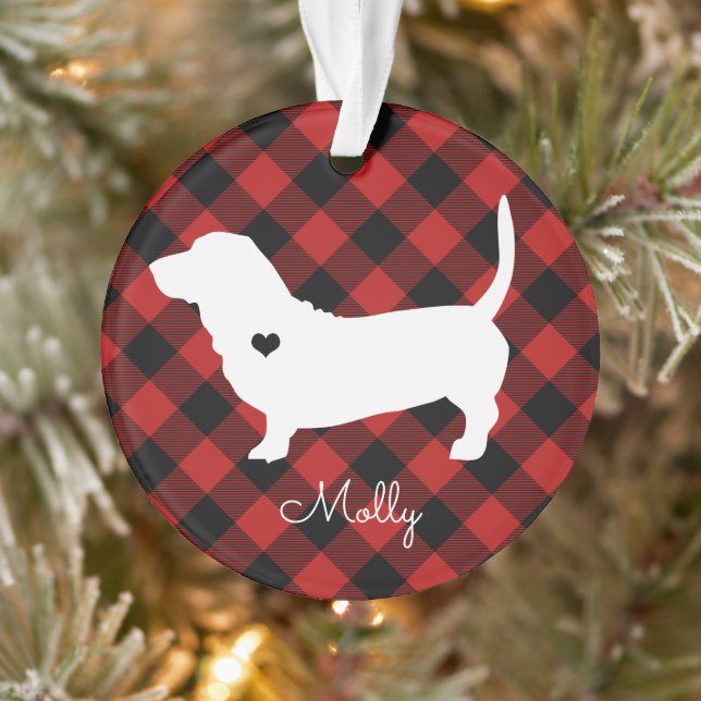 Basset Hound Christmas Plaid Dog Name Photo Ornament (Tree)