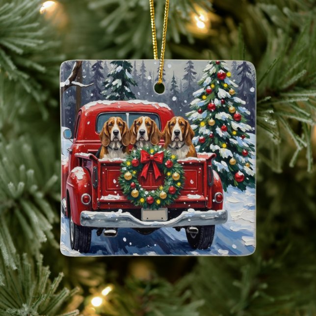 Basset Hound Christmas Red Truck Holiday Ceramic Ornament (Tree)