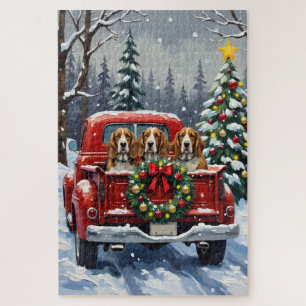 Basset Hound Christmas Red Truck Holiday Jigsaw Puzzle