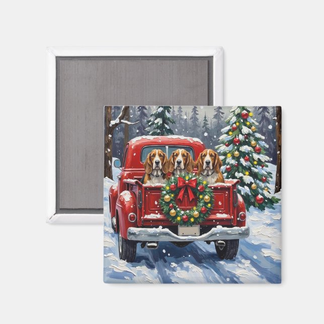 Basset Hound Christmas Red Truck Holiday Magnet (Front/Back)