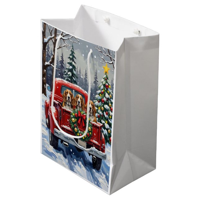 Basset Hound Christmas Red Truck Holiday Medium Gift Bag (Front Angled)