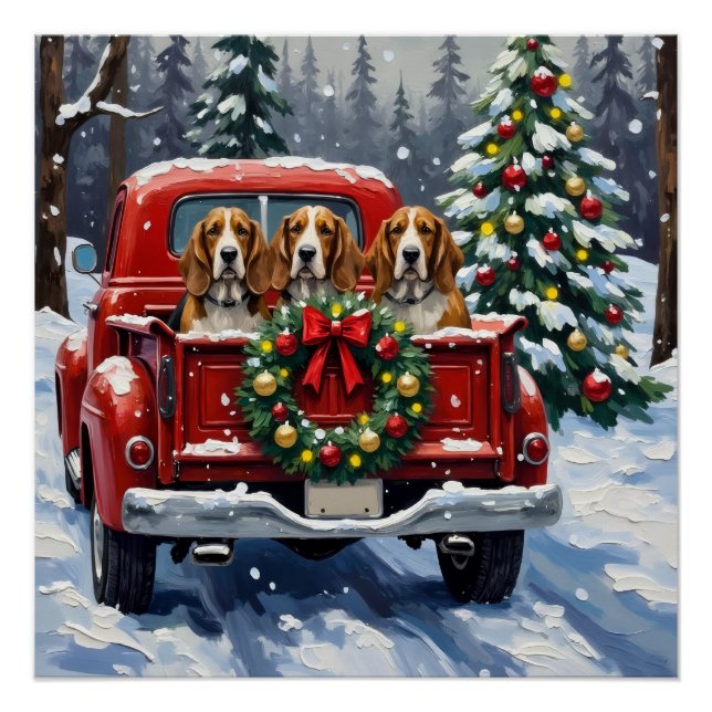 Basset Hound Christmas Red Truck Holiday Poster (Front)