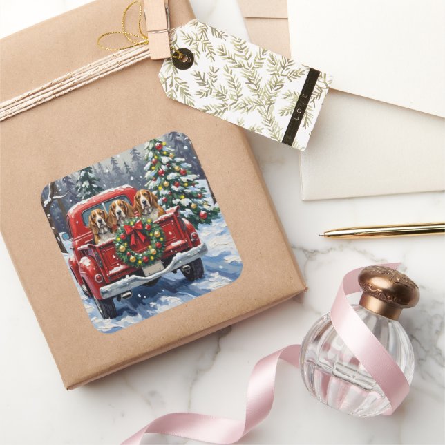 Basset Hound Christmas Red Truck Holiday Square Sticker (Gifting)