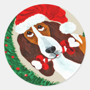 Basset Hound Christmas Wreath Classic Round Sticker