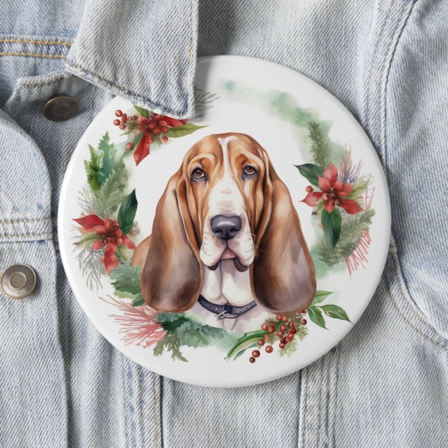Basset Hound Christmas Wreath Festive Pup  6 Cm Round Badge (In Situ)