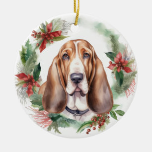 Basset Hound Christmas Wreath Festive Pup  Ceramic Ornament
