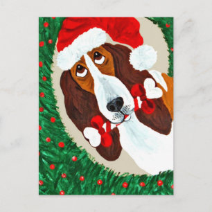 Basset Hound Christmas Wreath Holiday Postcard