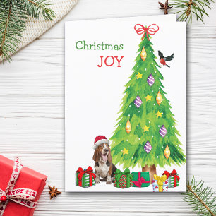 Basset Hound Dog, Bird and Christmas Tree Holiday Card