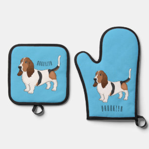 Basset hound dog cartoon illustration oven mitt & pot holder set