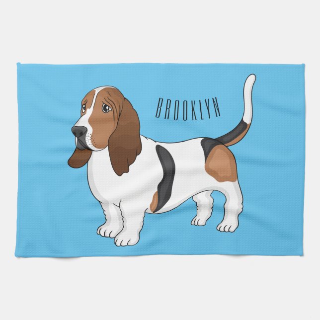 Basset hound dog cartoon illustration  tea towel (Horizontal)