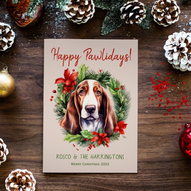 Basset Hound Dog Christmas Happy Pawlidays Holiday Card (Creator Uploaded)