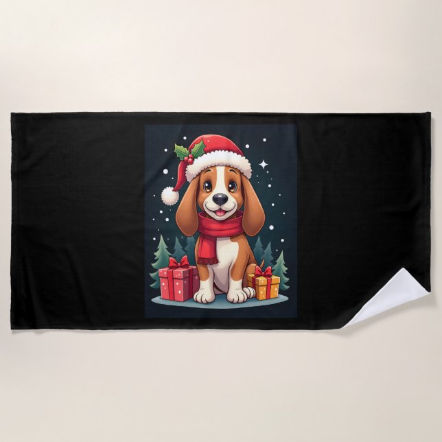 Basset Hound Dog Christmas Outfits Santa Hat Dog X Beach Towel (Front)