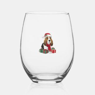Basset Hound Dog Christmas Outfits Santa Hat Dog X Stemless Wine Glass