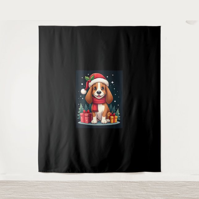 Basset Hound Dog Christmas Outfits Santa Hat Dog X Tapestry (Front)
