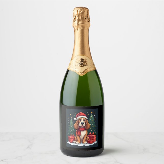 Basset Hound Dog Christmas Parties Santa Dog Lover Sparkling Wine Label (Front)