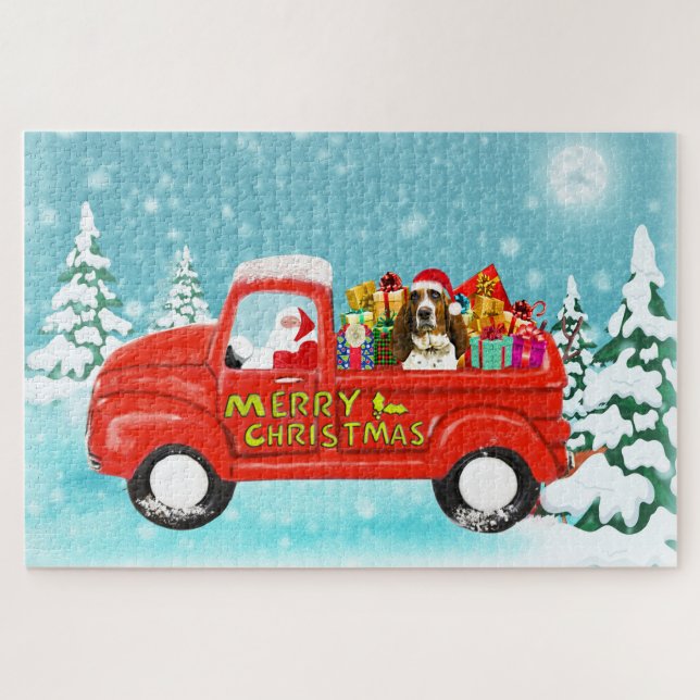 Basset Hound Dog Christmas Santa Delivery Truck Jigsaw Puzzle (Horizontal)