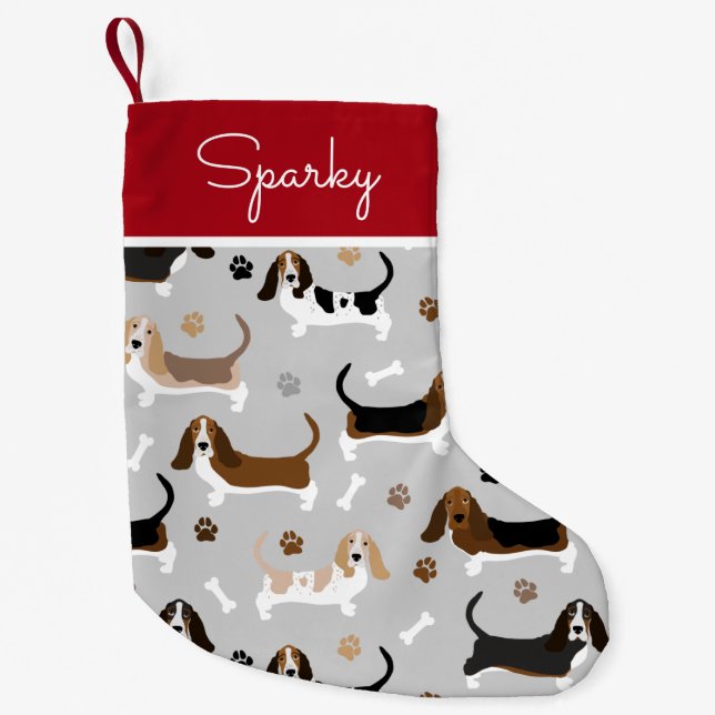 Basset Hound Dog Custom Name Small Christmas Stocking (Front)