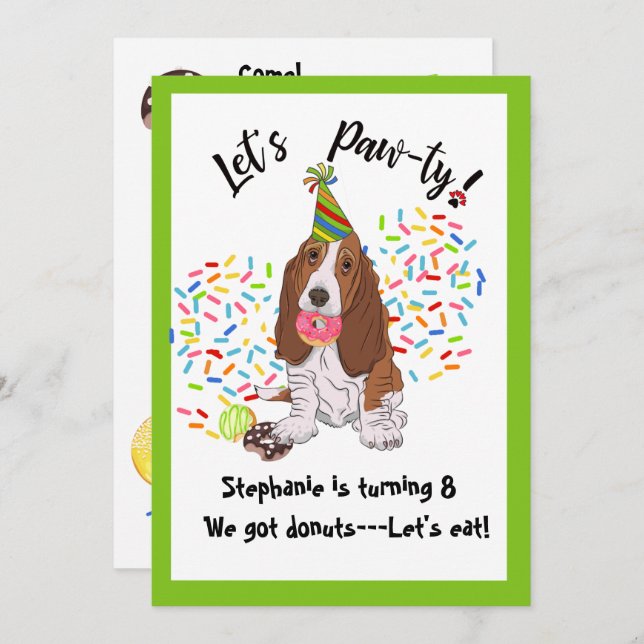 Basset Hound Dog Doughnut Birthday Party Invite (Front/Back)