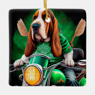  Basset Hound Dog driving bike St. Patrick's Day Ceramic Ornament