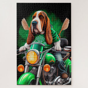 Basset Hound Dog driving bike St. Patrick's Day Jigsaw Puzzle
