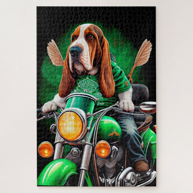  Basset Hound Dog driving bike St. Patrick's Day Jigsaw Puzzle (Vertical)